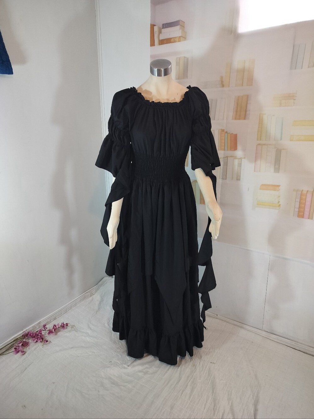 & Other Stories Black Smocked Waist Ruffle Maxi Dress